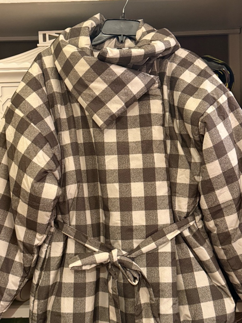 Norma Kamali plaid sleeping bag coat brown cream checkered pattern M/L - Picture 5 of 8